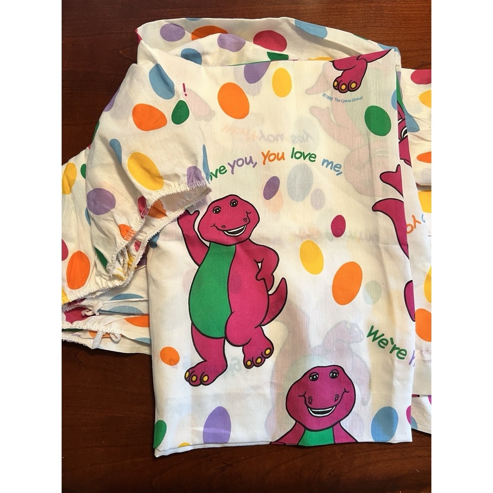 Vintage 1992 Barney Toddler Bed Sheet Set Flat & Fitted Only Lyons Group
